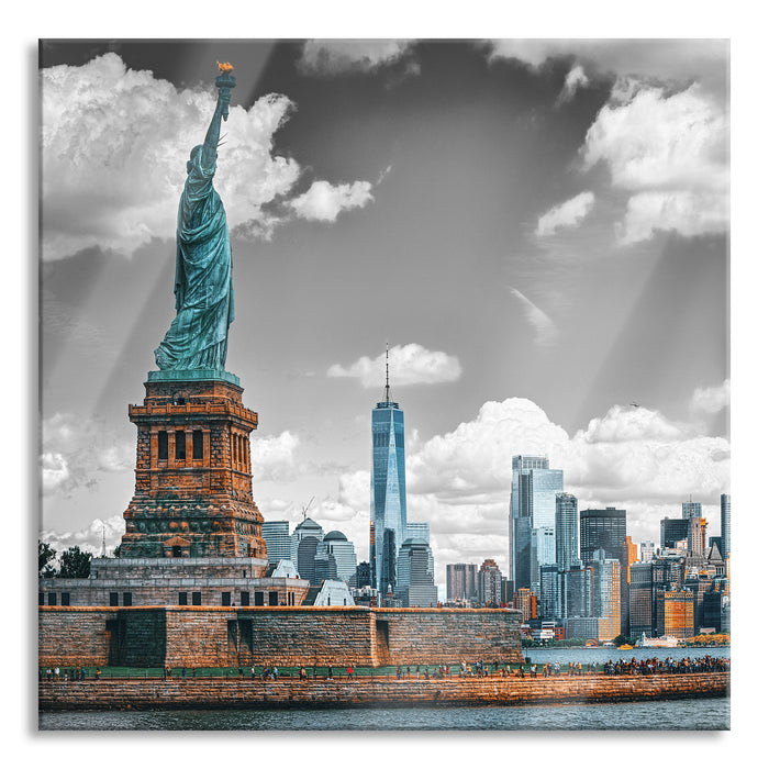 Pixxprint Freiheitsstatue mit New Yorker Skyline B&W Detail, Glasbild Quadratisch