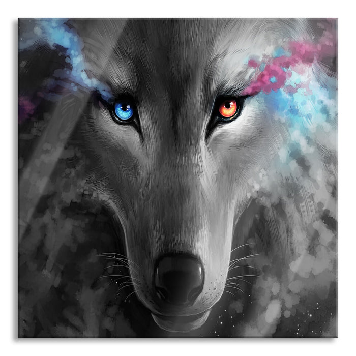 Pixxprint Abstrakter Wolf mit rauchenden Augen B&W Detail, Glasbild Quadratisch