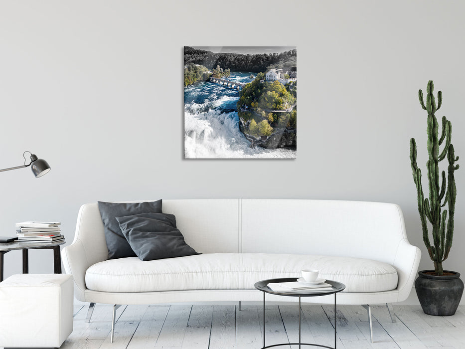 Panorama vom Rheinfall in der Schweiz B&W Detail, Glasbild Quadratisch