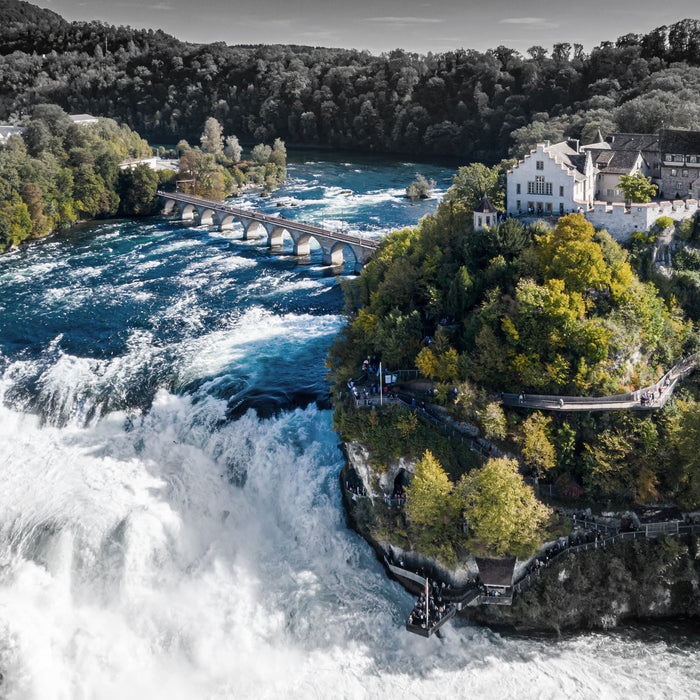 Panorama vom Rheinfall in der Schweiz B&W Detail, Glasbild Quadratisch
