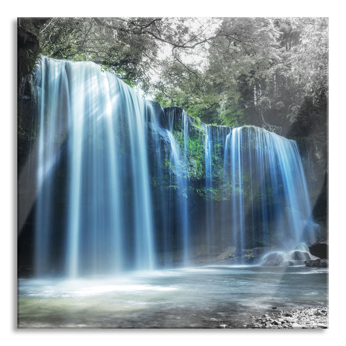 Pixxprint Tropischer Wasserfall im Wald B&W Detail, Glasbild Quadratisch