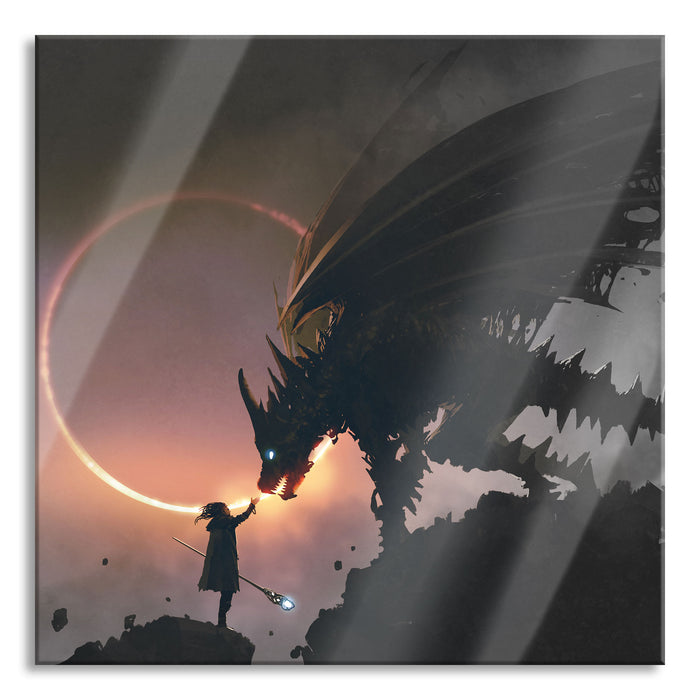 Pixxprint Zauberer und Drache bei Sonnenfinsternis B&W Detail, Glasbild Quadratisch