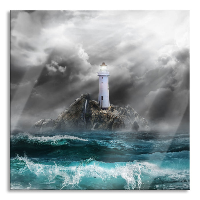 Pixxprint Sonnenstrahlen auf Leuchtturm im Sturm B&W Detail, Glasbild Quadratisch