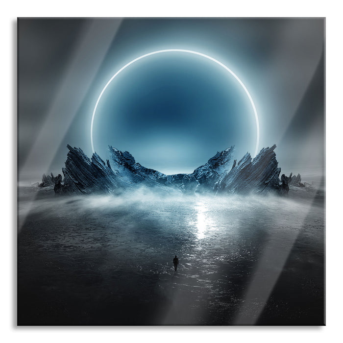 Pixxprint Abstrakter Mond hinter Felsformation B&W Detail, Glasbild Quadratisch