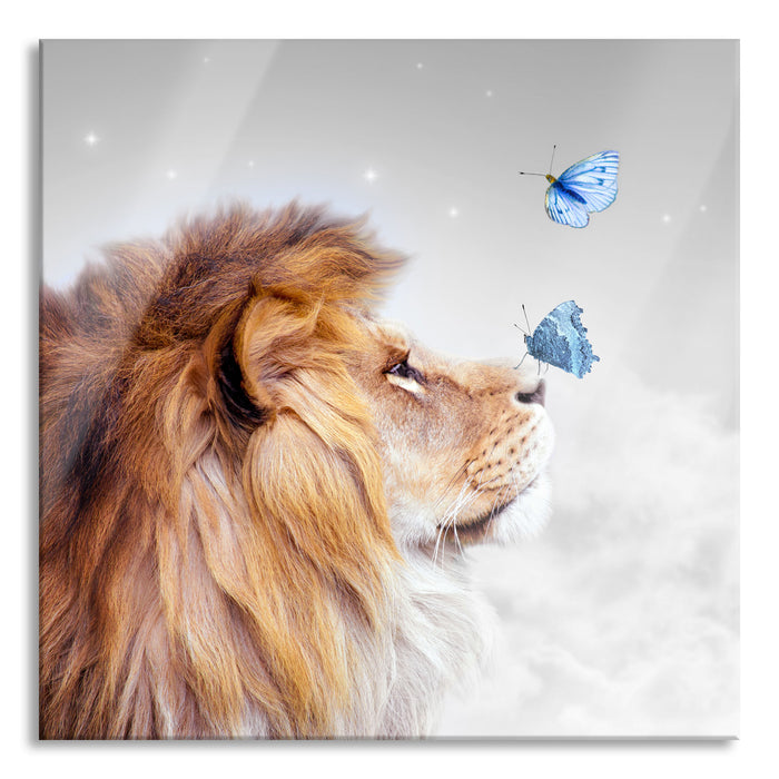 Löwe mit blauen Schmetterlingen B&W Detail, Glasbild Quadratisch