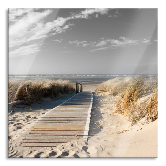Pixxprint Weg zum Strand durch die Dünen B&W Detail, Glasbild Quadratisch