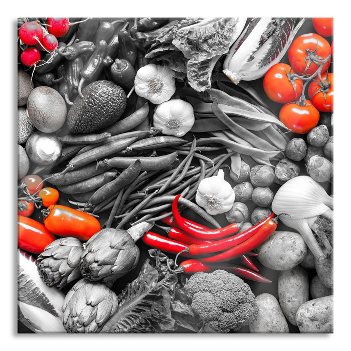 Bunte Gemüsemischung B&W Detail, Glasbild Quadratisch