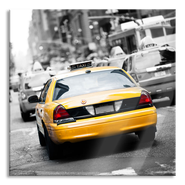 Gelbe Taxis am Times Square in New York B&W Detail, Glasbild Quadratisch