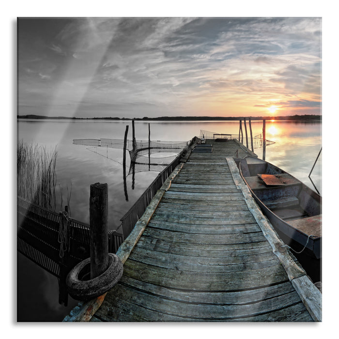 Pixxprint Weitwinkel Holzsteg im Sonnenuntergang B&W Detail, Glasbild Quadratisch