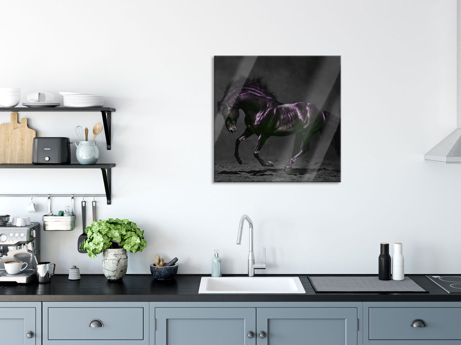 Edles galoppierendes schwarzes Pferd B&W Detail, Glasbild Quadratisch