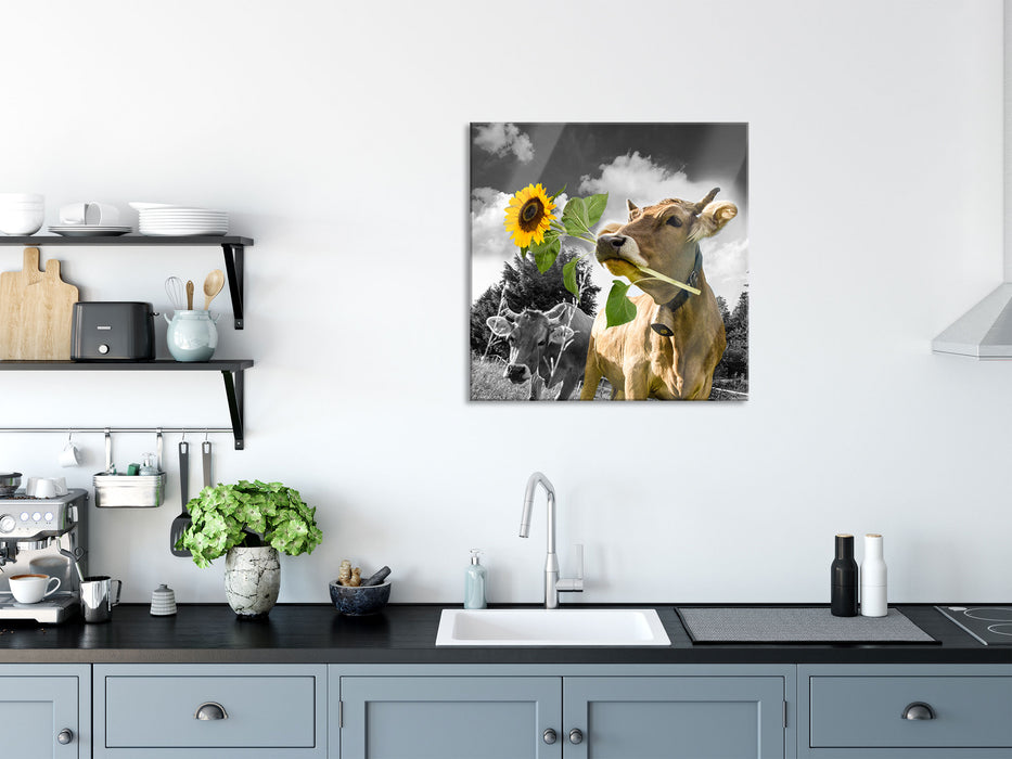 Nahaufnahme Kuh mit Sonnenblume im Maul B&W Detail, Glasbild Quadratisch