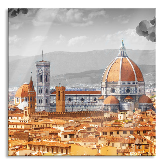 Pixxprint Hausdächer und Kirche in Florenz B&W Detail, Glasbild Quadratisch