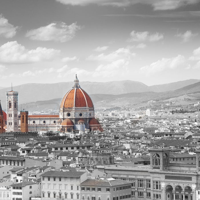 Panoramablick über die Dächer von Florenz B&W Detail, Glasbild Quadratisch