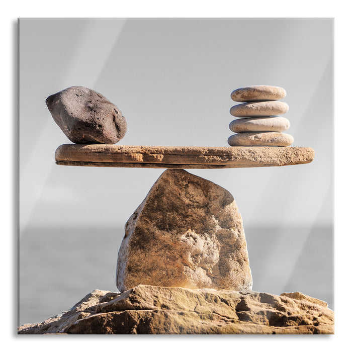 Pixxprint Steinpyramide Waage B&W Detail, Glasbild Quadratisch