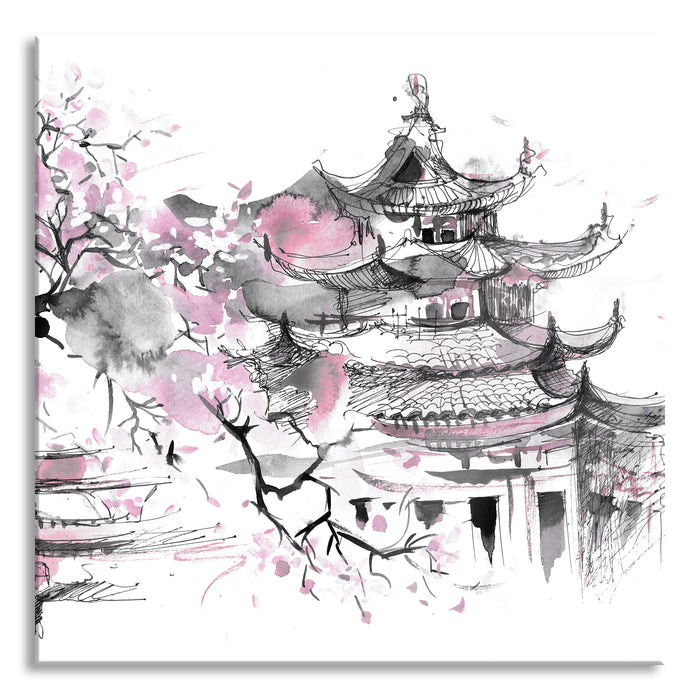 Pixxprint Japanischer Tempel Wasserfarben B&W Detail, Glasbild Quadratisch