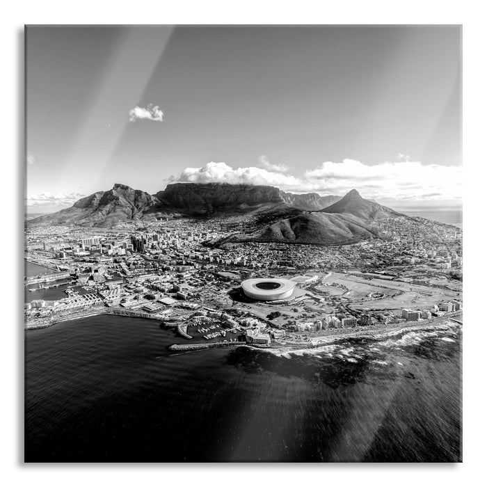Pixxprint Luftaufnahme von Kapstadt, Monochrome, Glasbild Quadratisch