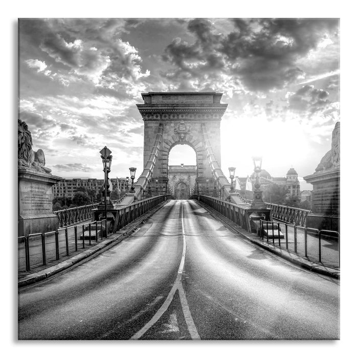 Pixxprint Brücke in Budapest bei Sonnenuntergang, Monochrome, Glasbild Quadratisch