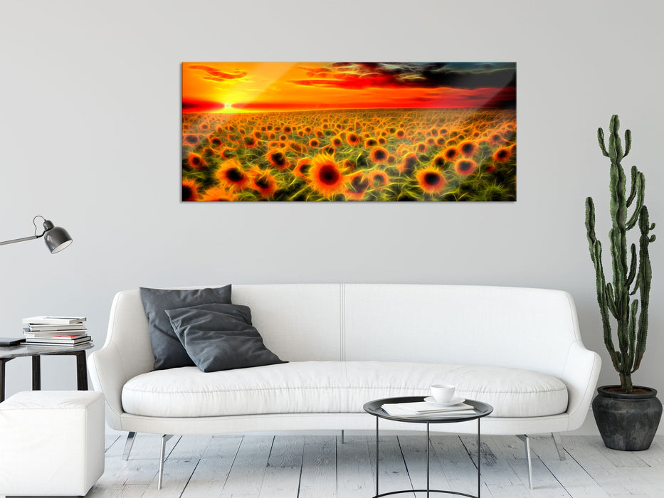 Wunderschönes Sonnenblumenfeld, Glasbild Panorama