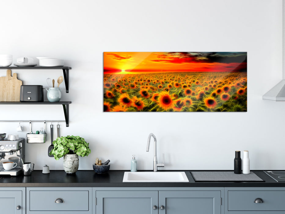 Wunderschönes Sonnenblumenfeld, Glasbild Panorama