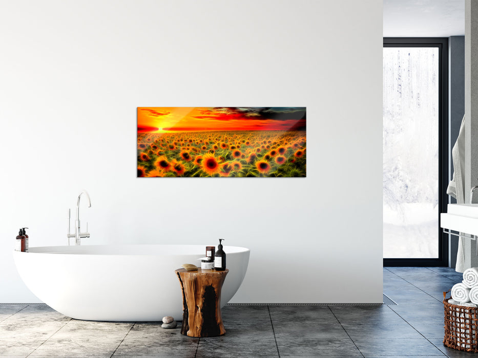 Wunderschönes Sonnenblumenfeld, Glasbild Panorama