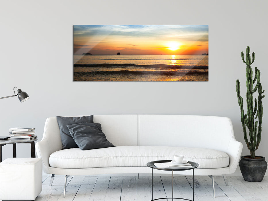 Strand Sonnenuntergang wunderschön, Glasbild Panorama