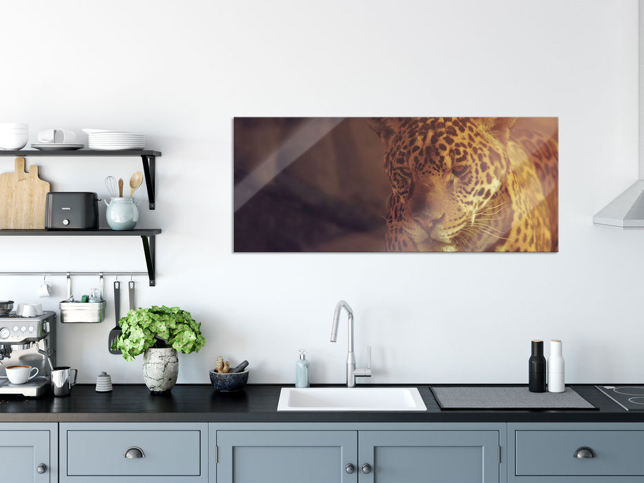 Anmutiger Leopard, Glasbild Panorama