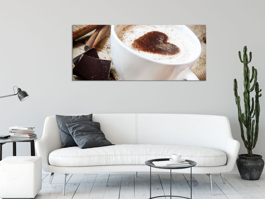 Tasse Kaffee mit Schokolade, Glasbild Panorama