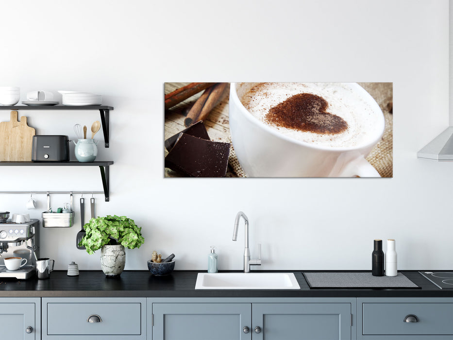 Tasse Kaffee mit Schokolade, Glasbild Panorama