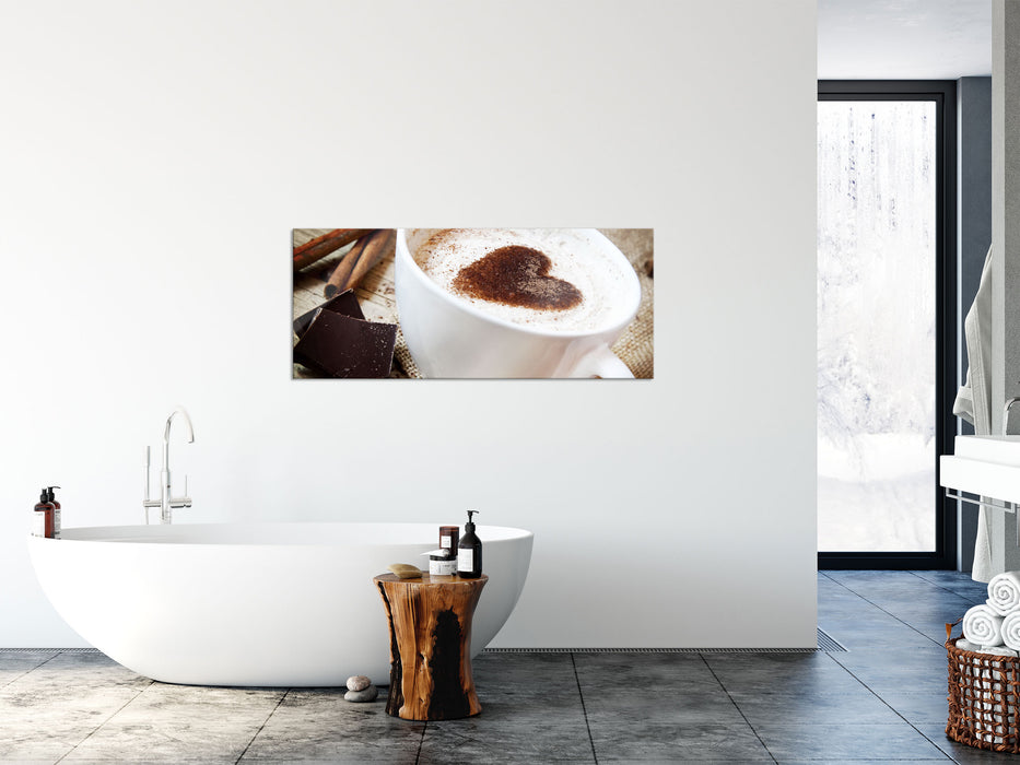 Tasse Kaffee mit Schokolade, Glasbild Panorama