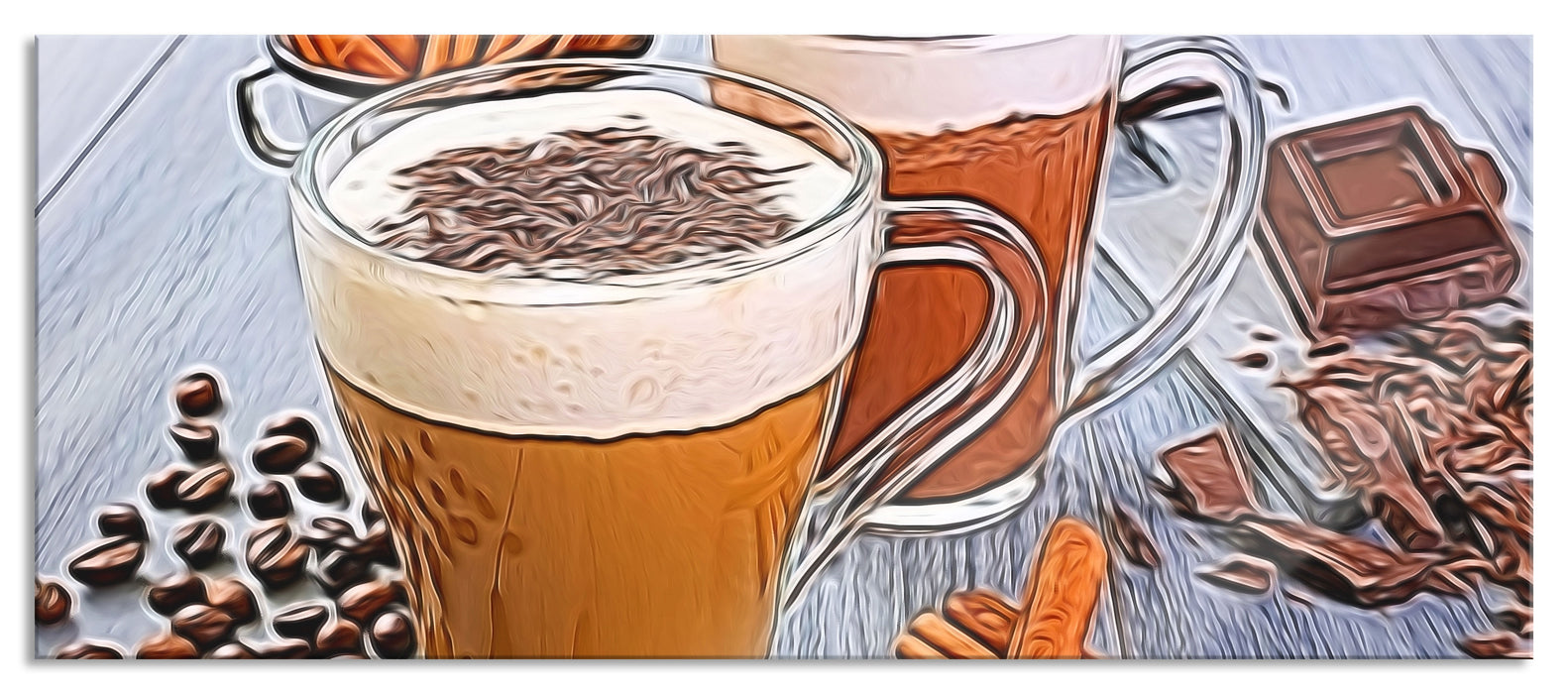 Tassen Kaffee mit Schokolade, Glasbild Panorama