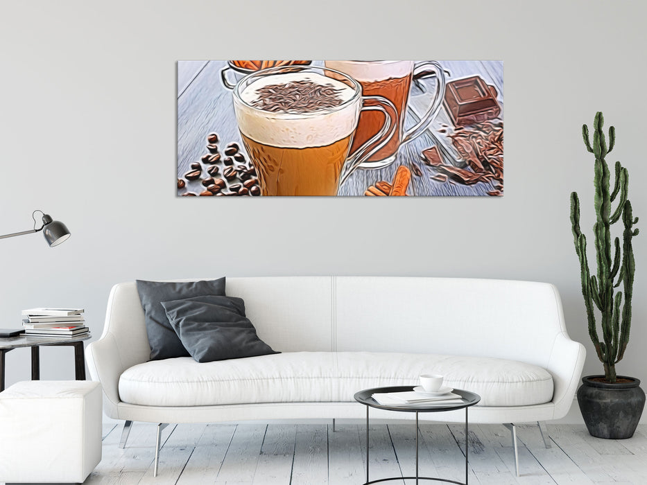 Tassen Kaffee mit Schokolade, Glasbild Panorama