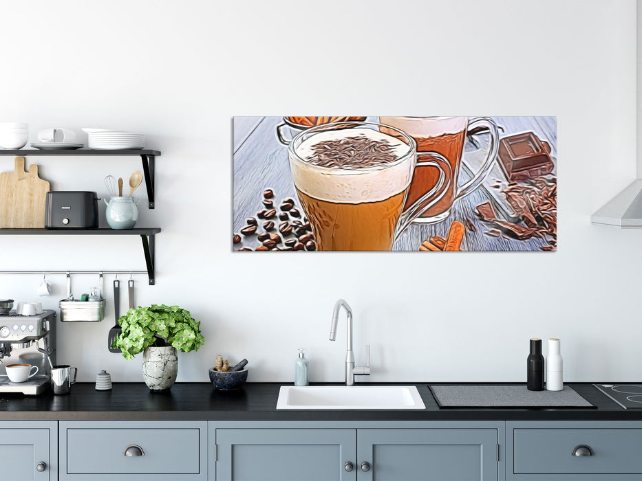 Tassen Kaffee mit Schokolade, Glasbild Panorama