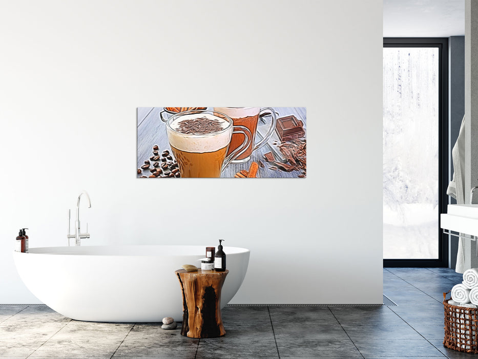 Tassen Kaffee mit Schokolade, Glasbild Panorama