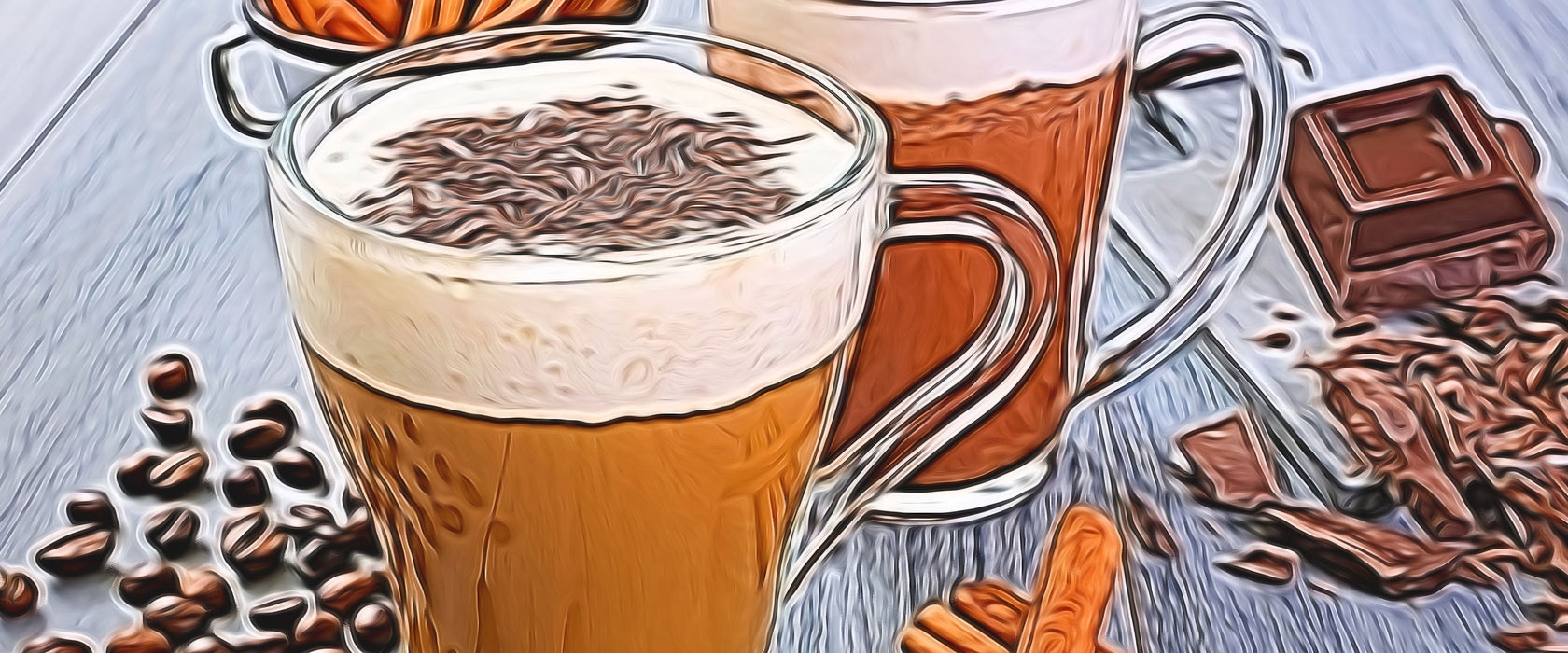 Tassen Kaffee mit Schokolade, Glasbild Panorama