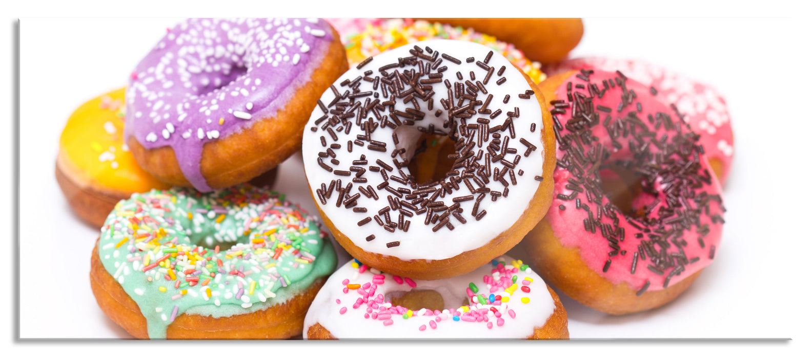 Leckere bunte Donuts, Glasbild Panorama