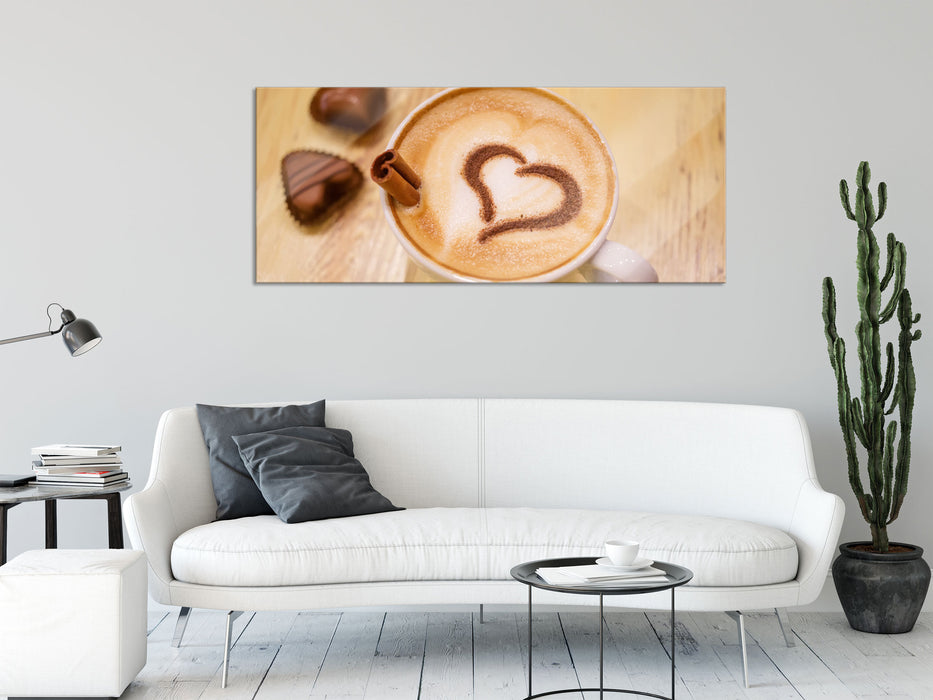 Leckerer Cappucino mit Herz, Glasbild Panorama