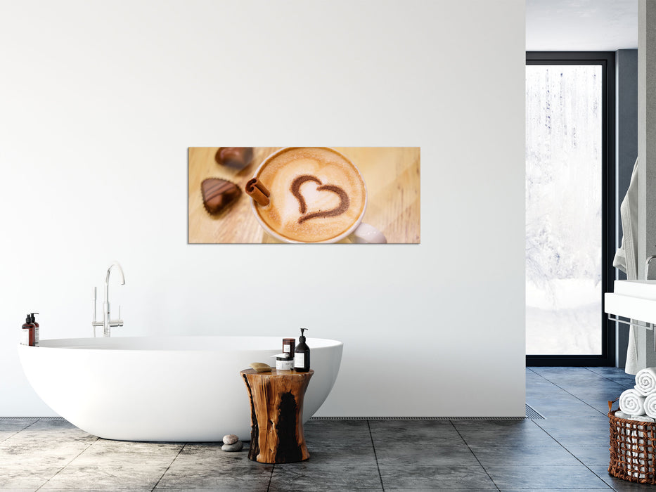 Leckerer Cappucino mit Herz, Glasbild Panorama