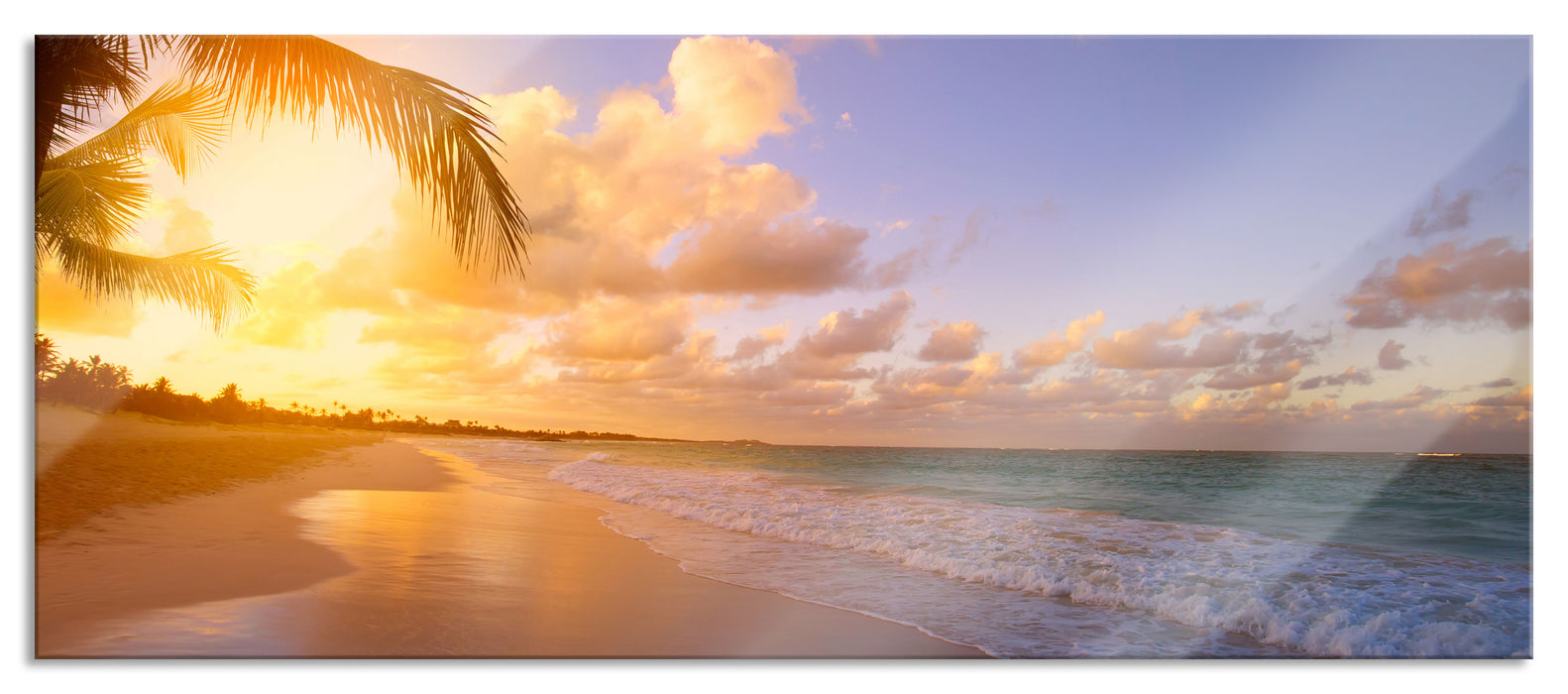 Pixxprint Strand bei Sonnenuntergang, Glasbild Panorama