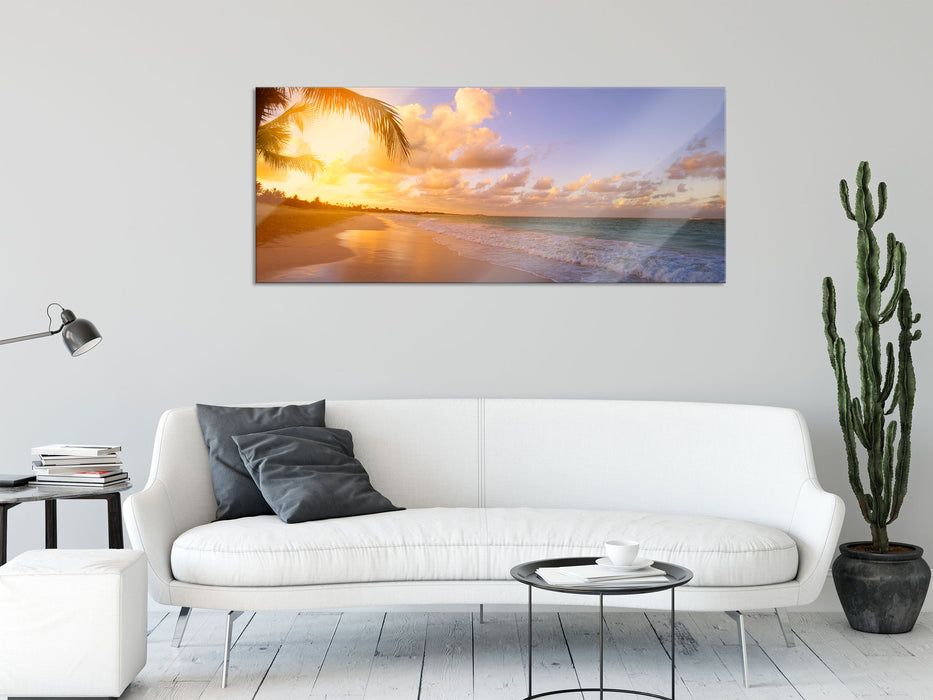 Strand bei Sonnenuntergang, Glasbild Panorama