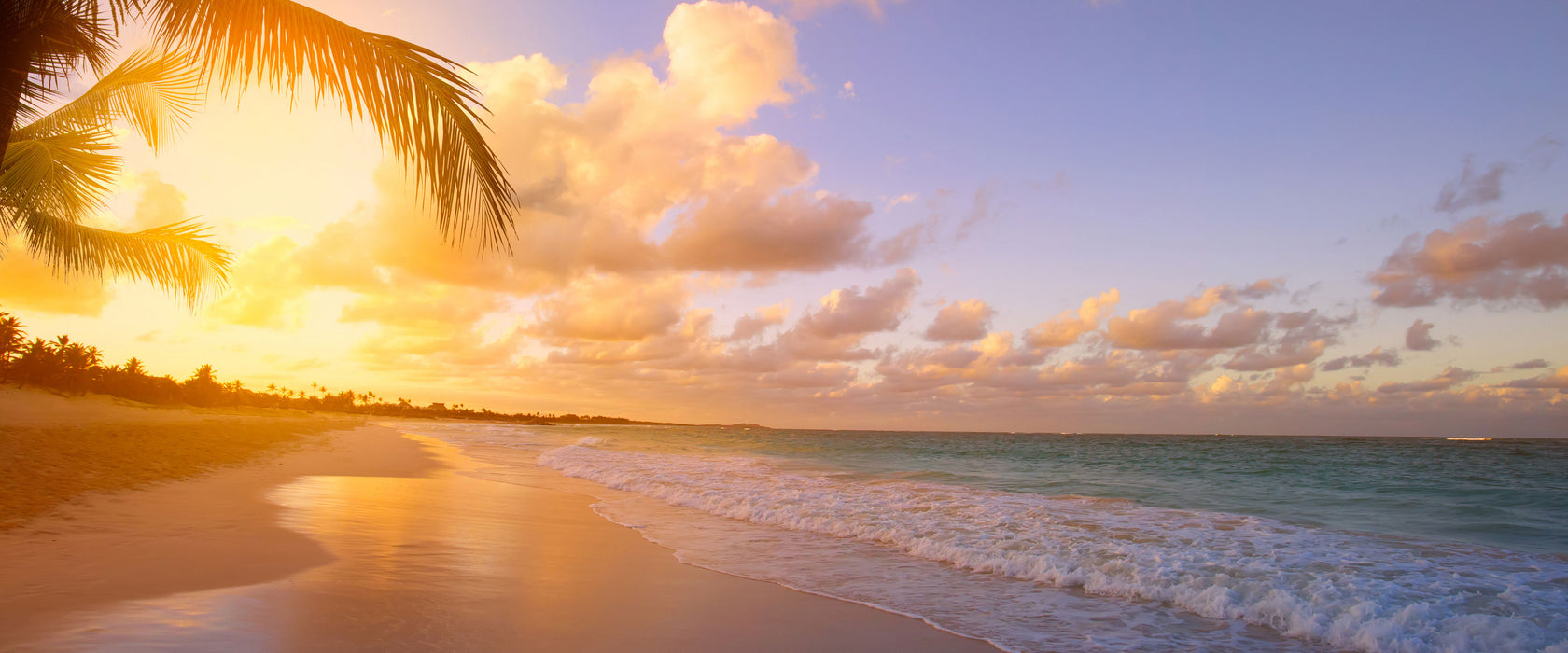 Strand bei Sonnenuntergang, Glasbild Panorama