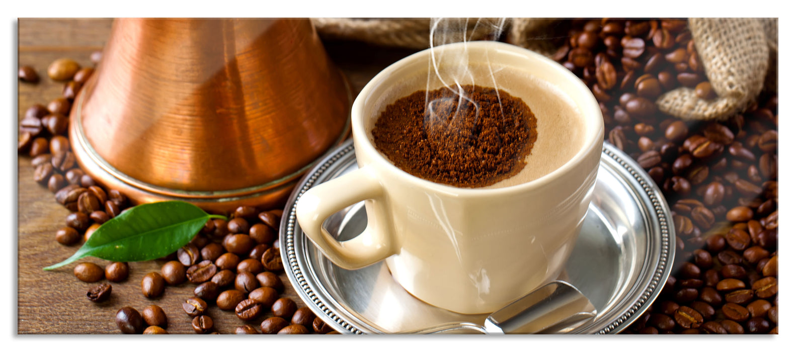 Pixxprint Frisch Kaffee mit Kaffeebohnen, Glasbild Panorama