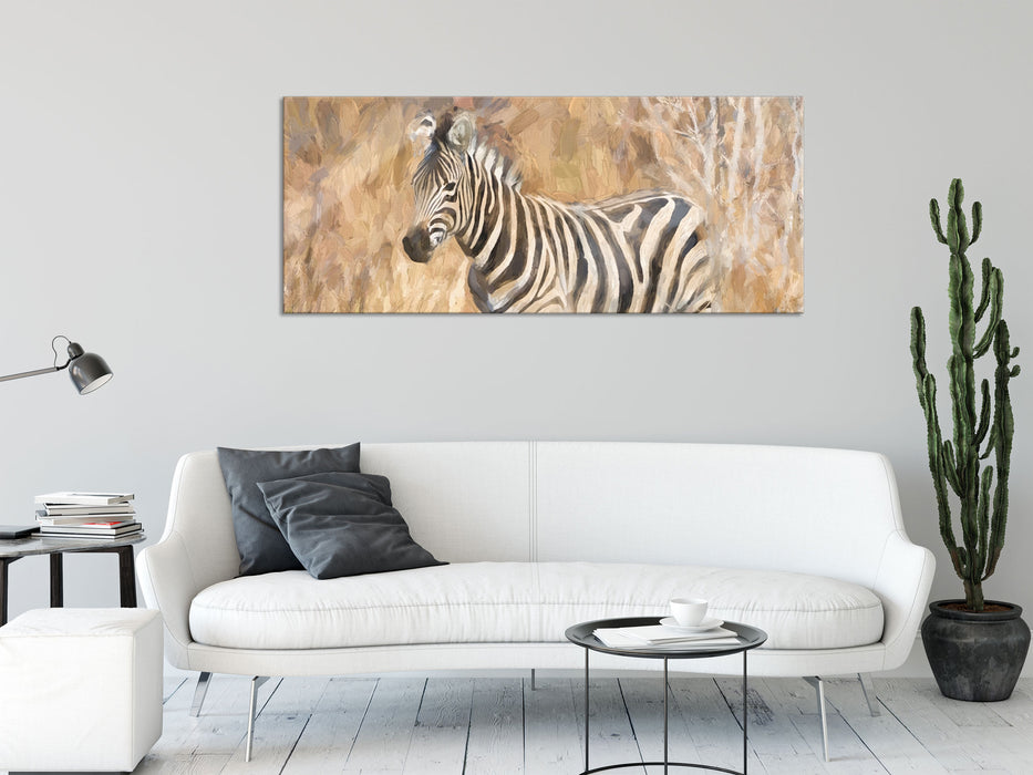 Anmutiges Zebra in Savanne, Glasbild Panorama