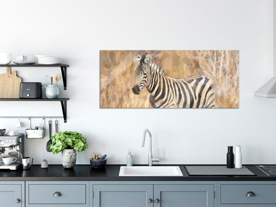 Anmutiges Zebra in Savanne, Glasbild Panorama