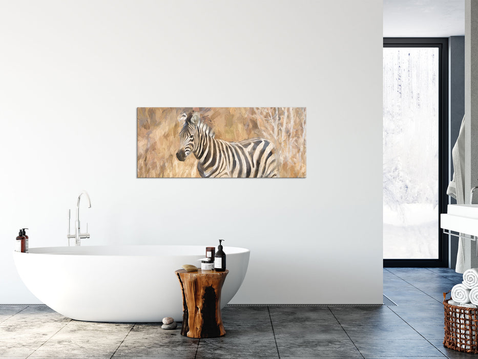 Anmutiges Zebra in Savanne, Glasbild Panorama