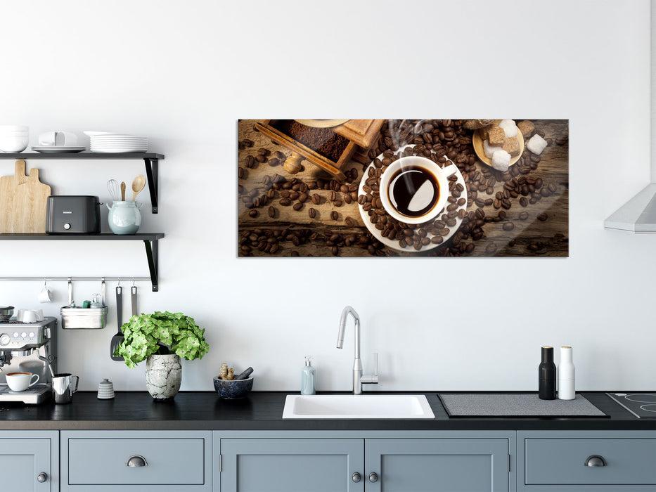 Kaffee mit Kaffeemühle, Glasbild Panorama