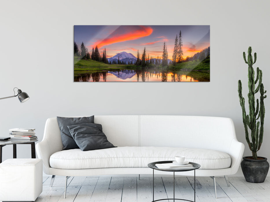 Sonnenaufgang Berglandschaft, Glasbild Panorama