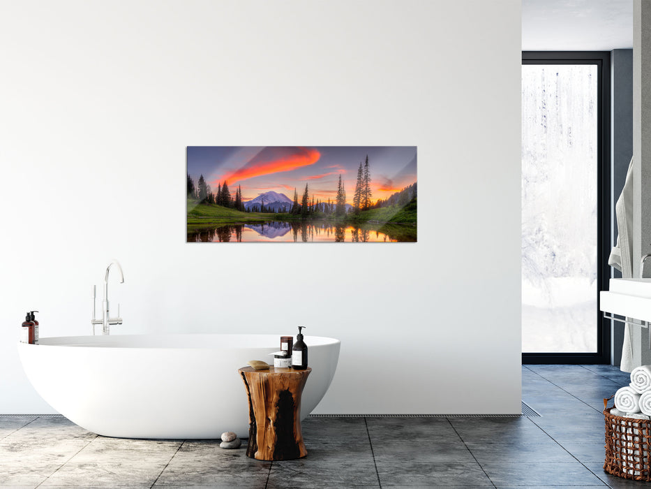 Sonnenaufgang Berglandschaft, Glasbild Panorama