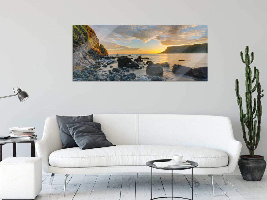 Felsen am Strand, Glasbild Panorama