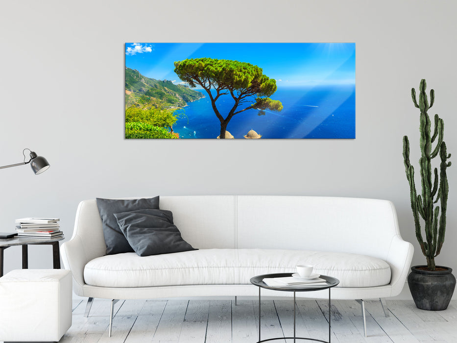 baum am blauen meer, Glasbild Panorama