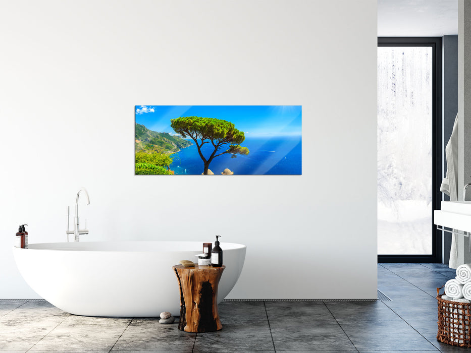 baum am blauen meer, Glasbild Panorama